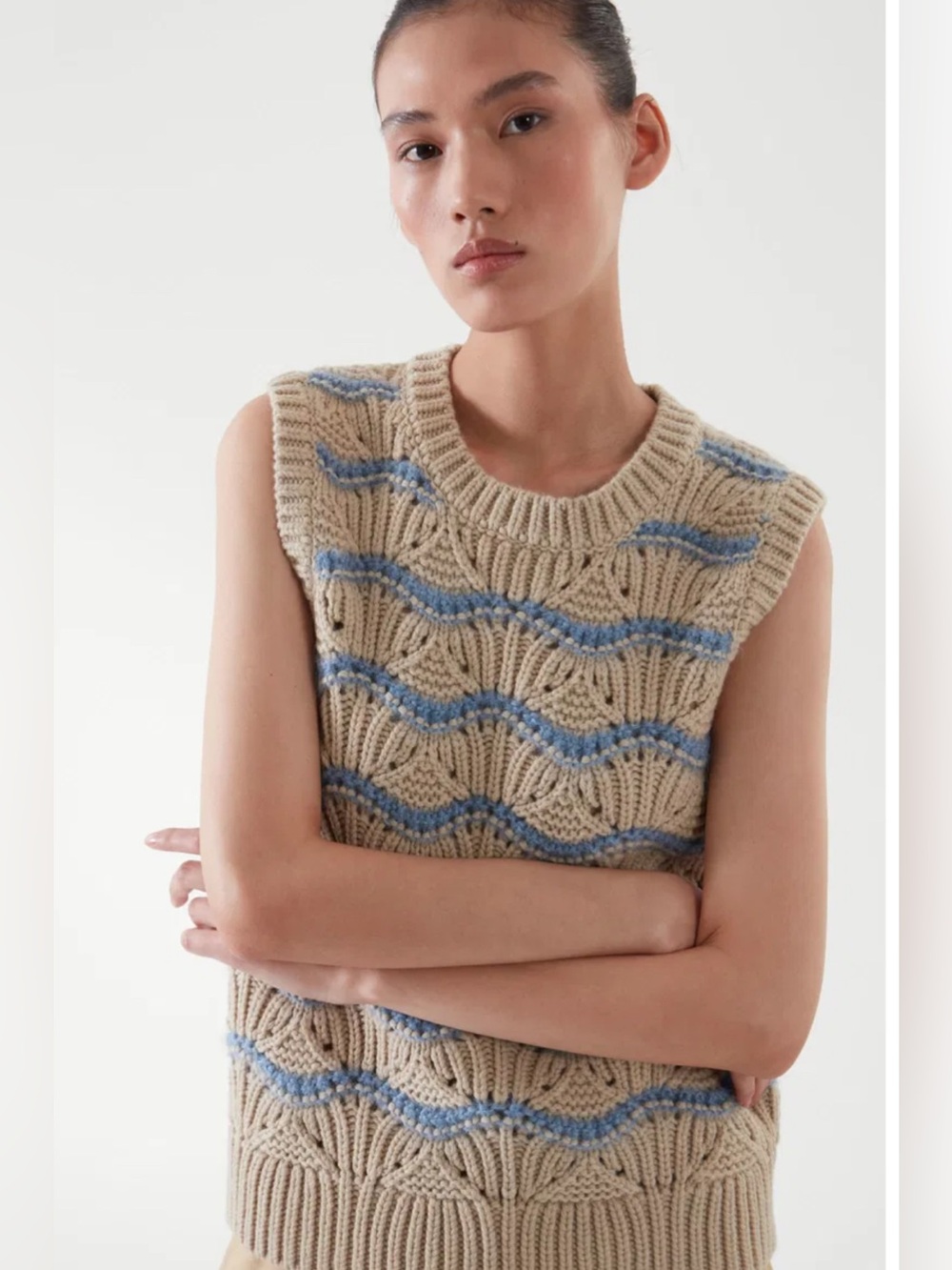 COS Pointelle Knit Scallop Blue Beige Vest Size Small Wool Blend
